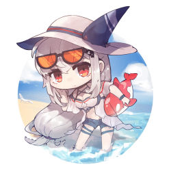 Rule 34 | 1girl, arknights, bare shoulders, bikini, black-framed eyewear, blue shorts, breasts, carrying, carrying under arm, chibi, cleavage, closed mouth, commentary request, domremix, eyewear on head, grey hair, hair between eyes, hand up, hat, highres, inflatable orca, inflatable toy, leaning forward, long hair, medium breasts, navel, official alternate costume, orange-tinted eyewear, red eyes, short shorts, short sleeves, shorts, skadi (arknights), skadi (waverider) (arknights), solo, standing, sun hat, sunglasses, swimsuit, tinted eyewear, very long hair, wading, water, white bikini, white hat