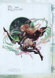 Rule 34 | 1girl, absurdres, arisa (shadowverse), arrow (projectile), belt, blonde hair, bow, bow (weapon), cape, dress, elbow gloves, full body, gloves, granblue fantasy, hair bow, highres, holding, holding bow (weapon), holding weapon, long hair, looking at viewer, minaba hideo, official art, open mouth, pointy ears, quiver, scan, shadowverse, short dress, simple background, skirt, sleeveless, smile, solo, sparkle, sword, thighhighs, weapon