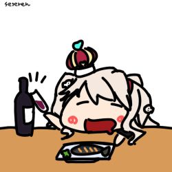 Rule 34 | 1girl, alcohol, animated, animated gif, bottle, closed eyes, crown, cup, drinking, drinking glass, drunk, fish (food), grilled fish, long hair, lowres, open mouth, seseren, wine, wine bottle, wine glass