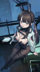 Rule 34 | 1girl, absurdres, animal ears, black footwear, black leotard, blue eyes, breasts, brown hair, brown pantyhose, cellphone, city, cityscape, cleavage, covered erect nipples, cropped jacket, dark skin, detached collar, fake animal ears, from above, highleg, highleg leotard, highres, holster, large breasts, leotard, long hair, looking at viewer, open mouth, original, pantyhose, phone, playboy bunny, pouch, rabbit ears, rooftop, shrug (clothing), sidelocks, sitting, smartphone, solo, thick eyelashes, thigh holster, tsurime, twintails, xzu
