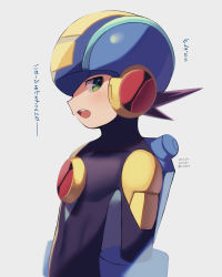 Rule 34 | 1boy, arms at sides, artist name, black bodysuit, blue headwear, bodysuit, brown hair, commentary request, dated, green eyes, grey background, helmet, highres, looking at viewer, male focus, mega man (series), mega man battle network, mega man battle network (series), megaman.exe, netnavi, open mouth, profile, short hair, simple background, solo, teeth, translation request, twitter username, upper body, upper teeth only, zero-go