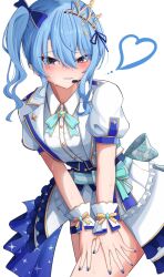 Rule 34 | 1girl, blue eyes, blue hair, blue nails, blush, bow, buttons, collar, collared shirt, commentary request, cropped jacket, curly hair, dress bow, earpiece, fingernails, hair between eyes, hair bow, hands on own thighs, heart, highres, hiiragi melt, hololive, hololive idol uniform (bright), hoshimachi suisei, jacket, lace, lace trim, leaning forward, looking at viewer, nail polish, official alternate costume, parted lips, ponytail, puffy sleeves, shirt, short hair, side ponytail, simple background, skirt, smile, solo, spoken heart, star (symbol), star in eye, sweat, symbol in eye, thighs, tiara, virtual youtuber, white background, white jacket, white shirt, white skirt