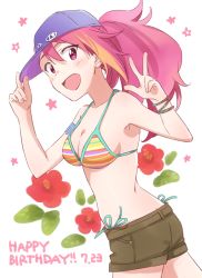 Rule 34 | 1girl, :d, bikini, blue hat, blush, breasts, brown ribbon, brown shorts, cleavage, collarbone, cowboy shot, demirinz, from side, hair between eyes, happy birthday, hat, idolmaster, idolmaster million live!, long hair, looking at viewer, maihama ayumu, medium breasts, multicolored hair, open mouth, pink hair, ponytail, red eyes, ribbon, short shorts, shorts, side-tie bikini bottom, sideboob, smile, solo, standing, streaked hair, striped bikini, striped bikini top, striped clothes, swimsuit, w, white background, wrist ribbon