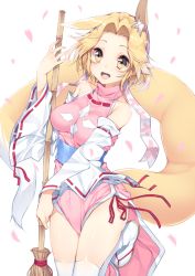 Rule 34 | 1girl, :d, animal ear fluff, animal ears, bare shoulders, blonde hair, breasts, broom, collarbone, cowboy shot, detached sleeves, fox ears, japanese clothes, leg up, md5 mismatch, medium breasts, open mouth, original, petals, ribbon-trimmed sleeves, ribbon trim, sandals, short hair, smile, solo, thighhighs, white background, white thighhighs, yappen, yatsu (sasuraino), yellow eyes