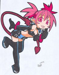 Rule 34 | 00s, 1girl, :p, bat wings, black gloves, black thighhighs, blush stickers, boots, bracelet, breasts, choker, cleavage, collar, demon girl, demon tail, disgaea, earrings, elbow gloves, etna (disgaea), female focus, flat chest, full body, gloves, jewelry, looking at viewer, makai senki disgaea, miniskirt, necklace, pink eyes, pink hair, red eyes, red hair, running, simple background, skirt, solo, tail, thighhighs, tongue, tongue out, twintails, white background, wings, zettai ryouiki
