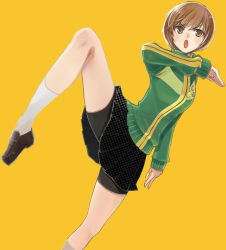 Rule 34 | 1girl, :o, atlus, bike shorts, bike shorts under skirt, bob cut, brown eyes, brown hair, checkered clothes, checkered skirt, cropped legs, dutch angle, female focus, from below, hareno chiame, kicking, kung fu, leg up, long sleeves, miniskirt, open mouth, persona, persona 4, plantar flexion, pleated skirt, satonaka chie, short hair, shorts, shorts under skirt, simple background, skirt, socks, solo, standing, standing on one leg, unmoving pattern, white socks, yellow background