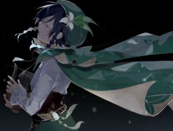 Rule 34 | 1boy, androgynous, bad id, bad twitter id, beret, black background, black hair, blue hair, bow, braid, cape, closed eyes, commentary, commentary request, feathers, flower, frilled sleeves, frills, from side, genshin impact, gradient hair, green hat, hat, hat flower, highres, holding, holding instrument, instrument, leaf, long sleeves, lyre, male focus, multicolored hair, open mouth, shirt, short hair with long locks, simple background, solo, symbol-only commentary, twin braids, venti (genshin impact), vision (genshin impact), white flower, white shirt, yoko (nz g)