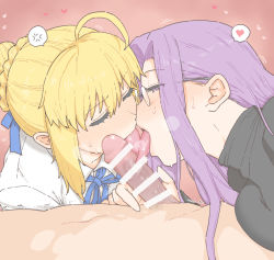 Rule 34 | 1boy, 2girls, ahoge, anger vein, artoria pendragon (all), artoria pendragon (fate), bar censor, bisexual female, black sweater, blonde hair, blue ribbon, blush, braid, breasts, censored, closed eyes, clothed female nude male, cooperative fellatio, emiya shirou, fate/stay night, fate (series), fellatio, ffm threesome, french braid, glasses, group sex, heart, kiss, large breasts, licking, licking penis, long hair, long sleeves, medium hair, medusa (fate), medusa (rider) (fate), mo (kireinamo), multiple girls, nude, oral, penis, pov, purple eyes, purple hair, ribbon, saber (fate), shirt, sidelocks, spoken anger vein, spoken heart, sweater, threesome, tongue, tongue out, turtleneck, turtleneck sweater, white shirt
