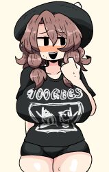 Rule 34 | 100 gecs, 1girl, band shirt, bike shorts, black eyes, black headwear, black shirt, black shorts, blush, bow, brown hair, glasses, hat, hat bow, low twintails, merchandise, nose blush, notnoe (dxcl), open mouth, shirt, short hair, shorts, sweat, touhou, twintails, urban legend in limbo, usami sumireko, white bow