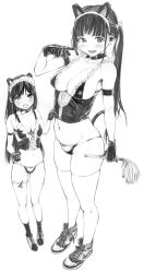 Rule 34 | animal collar, animal ears, arm strap, bikini, blush, bow, bow bikini, breasts, bustier, cat ears, cat tail, clothes grab, collar, commentary, cross-laced footwear, duster, fake animal ears, fake tail, feather duster, frown, gagaimo, glove pull, greyscale, hair tie, highres, holding, lace, lace-trimmed bikini, lace trim, large breasts, logo, long hair, looking at viewer, maid, maid bikini, maid headdress, monochrome, navel, nike (company), no socks, open mouth, original, petite, shoes, siblings, sisters, skindentation, small breasts, smile, sneakers, socks, standing, straight hair, string bikini, swimsuit, tail, thighhighs, traditional media, twintails, unconventional maid