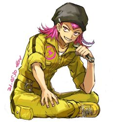Rule 34 | 1boy, beanie, black hat, braid, bright pupils, danganronpa (series), danganronpa 2: goodbye despair, dated, earrings, fingernails, fon-due (fonfon), hat, highres, holding, holding wrench, jewelry, jumpsuit, looking at viewer, male focus, pink eyes, pink hair, sharp teeth, signature, simple background, sitting, sleeves rolled up, soda kazuichi, solo, teeth, white background, white pupils, wrench, yellow footwear, yellow jumpsuit
