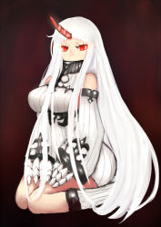 Rule 34 | 10s, 1girl, 313, abyssal ship, breasts, claws, detached sleeves, dress, female focus, horns, kantai collection, large breasts, long hair, looking at viewer, mittens, pale skin, red eyes, ribbed dress, ribbed sweater, seaport princess, short dress, single horn, solo, sweater, sweater dress, very long hair, white hair