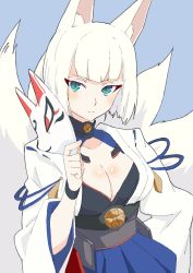 Rule 34 | 1girl, absurdres, animal ears, azur lane, bad id, bad twitter id, blue background, blue eyes, blue skirt, blunt bangs, blush, breasts, cleavage, closed mouth, commentary request, donguri suzume, eyeshadow, fox ears, fox mask, fox tail, highres, holding, holding mask, japanese clothes, kaga (azur lane), kimono, kitsune, large breasts, long sleeves, looking at viewer, makeup, mask, unworn mask, multiple tails, pleated skirt, sash, simple background, skirt, slit pupils, solo, tail, upper body, wide sleeves, wristband