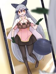 Rule 34 | 1girl, alternate costume, animal ears, aramaru, black gloves, black hair, blush, breasts, cleavage, dress, extra ears, fox ears, fox tail, gloves, grey hair, hair between eyes, highres, jacket, kemono friends, large breasts, long hair, looking at viewer, multicolored hair, pantyhose, pink dress, red eyes, silver fox (kemono friends), smile, tail