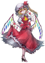 Rule 34 | 1girl, 33 gaff, absurdres, ascot, black footwear, blonde hair, clothes lift, commentary, crystal wings, flandre scarlet, full body, hat, hat ribbon, high heels, highres, lifting own clothes, looking at viewer, medium hair, mob cap, one side up, red eyes, red ribbon, ribbon, short sleeves, simple background, skirt, skirt lift, solo, touhou, white background, white hat, yellow ascot