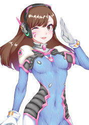 Rule 34 | 1girl, absurdres, animal print, arm at side, armor, blue bodysuit, bodysuit, boots, bracer, breasts, brown eyes, brown hair, covered navel, cowboy shot, d.va (overwatch), facepaint, facial mark, gloves, hand up, headphones, highres, lips, long hair, looking at viewer, one eye closed, open mouth, overwatch, overwatch 1, pauldrons, piao qi jiangjun, pilot suit, pink lips, rabbit print, ribbed bodysuit, salute, shoulder armor, shoulder pads, simple background, skin tight, small breasts, smile, solo, turtleneck, upper body, whisker markings, white background, white gloves