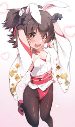 Rule 34 | 1girl, :d, akagi miria, animal ears, black gloves, black hair, blush, bow, breasts, brown eyes, cleavage, detached collar, detached sleeves, fur-trimmed gloves, fur trim, furisode, gloves, gradient background, hair ornament, heart, heart background, heart in eye, high heels, highres, idolmaster, idolmaster cinderella girls, idolmaster cinderella girls starlight stage, idolmaster cinderella girls u149, japanese clothes, kimono, leotard, looking at viewer, nekono matatabi, obi, open mouth, pantyhose, playboy bunny, rabbit ears, rabbit pose, rabbit tail, sash, short hair, small breasts, smile, solo, standing, standing on one leg, symbol in eye, tail, two side up