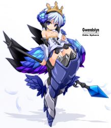 Rule 34 | 1girl, arm warmers, armor, armored dress, bare shoulders, bird, bird on hand, boots, character name, copyright name, crown, expressionless, full body, gradient background, greaves, gwendolyn (odin sphere), highres, karukan (monjya), leg wings, low wings, microskirt, multicolored wings, odin sphere, panties, pantyshot, polearm, pteruges, purple eyes, shadow, short hair, skirt, solo, spear, standing, thigh boots, thighhighs, underwear, weapon, white background, white hair, white panties, wings