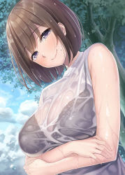 Rule 34 | 1girl, black bra, blush, bra, breast hold, breasts, brown hair, cloud, commentary request, crossed arms, highres, lace, lace-trimmed bra, lace trim, large breasts, mole, mole under mouth, original, outdoors, see-through, short hair, sky, smile, solo, sweater vest, tree, underwear, wet, wet clothes, wet hair, wet sweater, yamakaze ran
