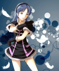 Rule 34 | 1girl, bad id, bad pixiv id, blue hair, brown eyes, choker, dress, feathers, female focus, gloves, gradient background, hairband, ice2002, idolmaster, idolmaster (classic), kisaragi chihaya, long hair, open mouth, solo