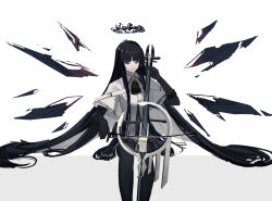 Rule 34 | 1girl, absurdres, antenna hair, arknights, ascot, belt, belt buckle, belt pouch, black ascot, black belt, black gloves, black hair, black halo, black skirt, black thighhighs, black wings, blunt bangs, bow (music), breasts, broken halo, buckle, cello, closed mouth, collared jacket, colored inner hair, commentary, dark halo, detached wings, energy wings, feet out of frame, gloves, grey eyes, grey hair, grey shirt, hair spread out, halo, hand up, highres, hime cut, hino134, holding, holding bow (music), holding instrument, holding violin, instrument, jacket, knees, layered sleeves, long hair, long sleeves, looking at viewer, miniskirt, mole, mole under eye, multicolored hair, music, pale skin, playing, playing instrument, pouch, shadow, shirt, short-sleeved jacket, short over long sleeves, short sleeves, sidelocks, simple background, sitting, skirt, small breasts, smile, solo, straight hair, strap, thighhighs, two-tone hair, very long hair, violin, virtuosa (arknights), white background, white jacket, wide sleeves, wing collar, wings