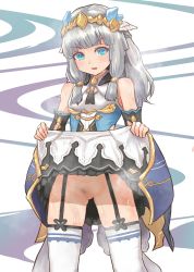Rule 34 | 1girl, absurdres, bare shoulders, beatrice (rune factory), black garter straps, blue eyes, blush, breasts, bridal gauntlets, cleft of venus, clothes lift, commentary request, cowboy shot, detached sleeves, dress, dress lift, female pubic hair, garter straps, gluteal fold, grey hair, highres, lifted by self, long hair, looking at viewer, no panties, parted lips, pasheri, pubic hair, pussy, rune factory, rune factory 5, simple background, small breasts, solo, sweat, nervous sweating, thighhighs, white thighhighs