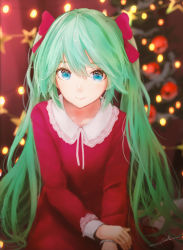 Rule 34 | 1girl, aqua hair, blue eyes, blurry, blurry background, christmas, christmas tree, commentary, dress, english commentary, hair ribbon, hatsune miku, highres, lace, lace-trimmed dress, lace trim, lips, long hair, looking at viewer, ojay tkym, red dress, red ribbon, resolution mismatch, ribbon, sitting, solo, source larger, star (symbol), twintails, upper body, very long hair, vocaloid