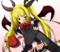 Rule 34 | 1girl, arc system works, bat wings, between thighs, black thighhighs, blazblue, blonde hair, blush, bow, covering privates, covering crotch, dr. cryptoso, dress, fang, gii, gothic lolita, hair ribbon, highres, lens flare, lolita fashion, long hair, musical note, nail polish, rachel alucard, red eyes, ribbon, slit pupils, solo, thighhighs, thighs, tsurime, twintails, wings