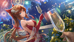 Rule 34 | 1girl, absurdres, alcohol, bare shoulders, blue eyes, blurry, blurry foreground, bow, breasts, brown hair, cityscape, closed mouth, copyright request, cup, depth of field, dress, elbow gloves, fireworks, from side, glass, gloves, hair bow, hair ornament, highres, holding, holding cup, long hair, looking at viewer, looking to the side, medium breasts, new year, night, outdoors, pinakes, plant, ponytail, pov, red bow, red dress, red gloves, skyline, smile, solo focus, strapless, strapless dress