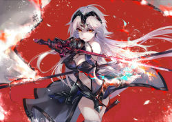 Rule 34 | 1girl, armor, armored dress, black dress, black gloves, breasts, chain, cleavage, closed mouth, clothing cutout, cowboy shot, dress, fate/grand order, fate (series), faulds, floating hair, gloves, highres, holding, holding sword, holding weapon, jeanne d&#039;arc (fate), jeanne d&#039;arc alter (avenger) (fate), jeanne d&#039;arc alter (avenger) (third ascension) (fate), jeanne d&#039;arc alter (fate), long hair, looking at viewer, medium breasts, midriff, navel, navel cutout, orange eyes, red background, silver hair, sleeveless, sleeveless dress, smile, solo, standing, stomach, sword, vardan, very long hair, weapon