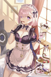 Rule 34 | 1girl, absurdres, alternate costume, bad id, bad pixiv id, bow, bowtie, breasts, cleavage, commentary, content rating, curtains, dessert, eating, enmaided, fate/grand order, fate (series), food, hair over one eye, highres, kyo (maae00), looking at viewer, maid, maid headdress, mash kyrielight, medium breasts, parfait, picture frame, purple eyes, short hair, solo, stairs, window, wrist cuffs