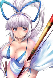 Rule 34 | 1girl, amatsuba mimina, bad id, bad pixiv id, bare shoulders, blue eyes, bow (weapon), breasts, cleavage, covered erect nipples, dark-skinned female, dark skin, high ponytail, large breasts, long hair, looking at viewer, majikina mina, parted lips, samurai spirits, silver hair, snk, solo, very long hair, weapon