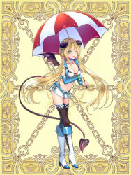 Rule 34 | belt, black thighhighs, blonde hair, boots, breasts, cleavage, crossed legs, demon horns, demon tail, demon wings, detached sleeves, full body, hairband, horns, kerberos blade, knee boots, leaning forward, medium breasts, navel, parasol, pencil skirt, pink hairband, race queen, side lace-up boots, side lace-up pencil skirt, skirt, sleeveless, sleeveless jacket, tail, thighhighs, twintails, umbrella, underwear, white knee boots, white pencil skirt, wings