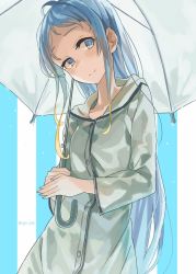 Rule 34 | 1girl, alternate costume, blue eyes, blue hair, cowboy shot, gradient hair, grey raincoat, highres, kantai collection, long hair, looking at viewer, multicolored hair, raincoat, samidare (kancolle), smile, solo, striped, striped background, sugue tettou, swept bangs, transparent, transparent umbrella, umbrella, very long hair