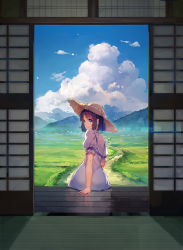 Rule 34 | 1girl, arm support, black hair, blue eyes, blue sky, bob cut, cloud, cover image, cumulonimbus cloud, day, dirt road, dress, field, from behind, grass, hat, hiiragi ache, looking back, mountain, nature, novel illustration, official art, outdoors, pink dress, puffy short sleeves, puffy sleeves, road, scenery, short hair, short sleeves, shouji, sitting, sky, sliding doors, smile, solo, straw hat, textless version, veranda, white dress, yasumo (kuusouorbital)