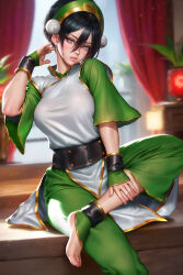 Rule 34 | 1girl, avatar: the last airbender, avatar legends, barefoot, black hair, blurry, blurry background, breasts, capri pants, chinese clothes, green pants, grey eyes, hair between eyes, highres, large breasts, medium breasts, neoartcore, paid reward available, pants, patreon username, plant, pom pom (clothes), red curtains, short hair, sitting, solo, tabard, taut clothes, toph bei fong, white tabard, wide sleeves, wrist cuffs