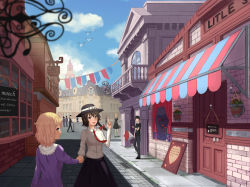 Rule 34 | 4girls, 5boys, awning, backpack, bad id, bad pixiv id, bag, balcony, bird, black dress, black hair, black skirt, blonde hair, blue sky, blurry, bouquet, bow, braid, breasts, brick wall, brown hair, building, cafe, cane, cellphone, cloud, collared shirt, concrete, couple, day, denim, depth of field, dress, du mogu, english text, expressionless, faceless, faceless female, faceless male, flag, flower, hair bow, hand up, handbag, hands in pockets, hat, hat bow, highres, holding hands, index finger raised, jeans, long skirt, long sleeves, looking at another, looking at viewer, looking back, maribel hearn, matching outfits, multiple boys, multiple girls, necktie, no headwear, open mouth, outdoors, pants, pavement, people, phone, pointing, pointing up, purple dress, red necktie, reflection, road, rose, shirt, short hair, shorts, side braid, sidewalk, sign, single braid, skirt, sky, sleeveless, sleeveless shirt, smile, spire, storefront, street, string of flags, sunlight, touhou, town, truth, usami renko, vanishing point, watch, white shirt, window