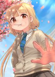 Rule 34 | 10s, 1girl, :t, blonde hair, blue necktie, blue sky, blurry, breasts, brown eyes, brown skirt, building, buttons, candy, cardigan, cherry blossoms, closed mouth, collared shirt, commentary, day, depth of field, diagonal stripes, dutch angle, fence, fingernails, food, food in mouth, from below, futaba anzu, hair tie, hand in pocket, highres, idolmaster, idolmaster cinderella girls, kamille (vcx68), lollipop, long hair, long sleeves, looking at viewer, low twintails, necktie, outdoors, petals, pleated skirt, pocket, school uniform, shirt, skirt, sky, small breasts, solo, striped necktie, striped neckwear, tree, twintails, upper body, very long hair, white shirt, wing collar