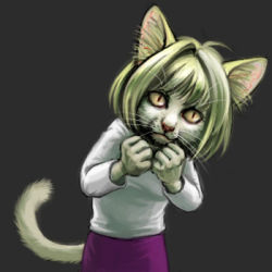 Rule 34 | 1011010, 1girl, animal ears, animal focus, arcueid brunestud, blonde hair, body fur, cat, cat ears, cat tail, clenched hands, cowboy shot, furry, furry female, grey background, looking at viewer, lowres, melty blood, neco-arc, parody, purple skirt, realistic, skirt, solo, sweater, tail, too literal, tsukihime