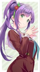 Rule 34 | 1girl, blush, commentary request, green eyes, hair ornament, hasu no sora school uniform, highres, link! like! love live!, long hair, looking at viewer, love live!, neckerchief, otomune kozue, outside border, own hands together, purple hair, rassie s, school uniform, side ponytail, smile, solo, virtual youtuber