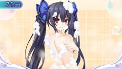 Rule 34 | 10s, 1girl, bath, bathing, black hair, blush, breasts, bubble, censored, convenient censoring, covering privates, covering breasts, hand up, long hair, neptune (series), noire (neptunia), nude, red eyes, solo, tsunako, twintails, very long hair