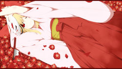Rule 34 | 0000 (byoubyou), 1girl, blonde hair, blood, flower, fox mask, hair ornament, hair ribbon, highres, japanese clothes, kagamine rin, kitsune no yomeiri, knife, mask, miko, one eye closed, red eyes, ribbon, solo, vocaloid