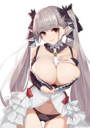 Rule 34 | 1girl, areola slip, azur lane, between breasts, black bow, black dress, black panties, black ribbon, blunt bangs, bow, breasts, cleavage, closed mouth, collarbone, cowboy shot, dress, eyelashes, fingernails, formidable (azur lane), frilled dress, frills, gluteal fold, grey hair, hair bow, hair ribbon, hand on own chest, highres, komi (komiking), large breasts, long hair, looking at viewer, navel, panties, red eyes, ribbon, sidelocks, simple background, solo, standing, stomach, twintails, two-tone dress, two-tone ribbon, underwear, very long hair, white background, white dress, white ribbon