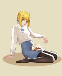 Rule 34 | 1girl, absurdres, ahoge, animal, animal on lap, arm support, artoria pendragon (all), artoria pendragon (fate), bad id, bad pixiv id, beige background, black pantyhose, blonde hair, blue ribbon, blue skirt, braid, calico, cat, cat on lap, closed mouth, collared shirt, eyebrows, fate/stay night, fate (series), full body, green eyes, hair bun, hair ribbon, high-waist skirt, highres, leaning back, long sleeves, looking at viewer, neck ribbon, no shoes, on lap, outstretched arm, pantyhose, pencil skirt, revision, ribbon, saber (fate), shirt, sidelocks, single hair bun, sitting, skirt, sleeping, smile, solo, wariza, white shirt, yellow background, zhano kun