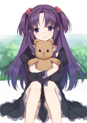 Rule 34 | 1girl, black dress, clannad, commission, crossed arms, hugging doll, dress, feet out of frame, hair bobbles, hair ornament, ichinose kotomi, long hair, long sleeves, mitsuyo (mituyo324), hugging object, purple eyes, purple hair, smile, stuffed animal, stuffed toy, teddy bear, two side up
