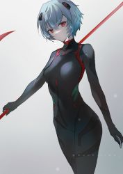 Rule 34 | 1girl, absurdres, ayanami rei, black bodysuit, blue hair, bodysuit, breasts, closed mouth, commentary, evangelion: 3.0 you can (not) redo, grey background, hair between eyes, highres, holding, looking at viewer, mochii, neon genesis evangelion, plugsuit, rebuild of evangelion, red eyes, short hair, small breasts, solo, twitter username