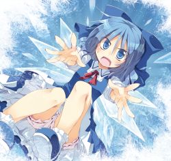 Rule 34 | 1girl, bloomers, blue dress, blue eyes, blue hair, blue theme, bow, cirno, dress, foreshortening, hair bow, ice, ice wings, looking at viewer, matching hair/eyes, open mouth, outstretched arms, outstretched hand, satou kibi, shoes, short hair, solo, touhou, underwear, upskirt, wings