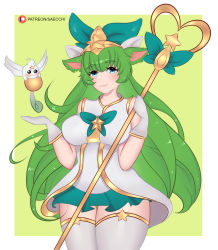 Rule 34 | 1girl, alternate costume, alternate hair color, alternate hairstyle, animal ears, blue eyes, blush, breasts, curvy, gloves, green hair, highres, large breasts, league of legends, long hair, looking at viewer, lulu (league of legends), magical girl, pix (league of legends), pointy ears, smile, solo, staff, star guardian (league of legends), star guardian lulu, thick thighs, thighs, wide hips, yordle