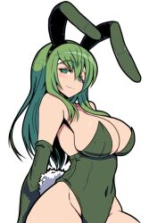 Rule 34 | 1girl, alternate costume, animal ears, bare shoulders, blush, breasts, cleavage, elbow gloves, fake animal ears, fire emblem, fire emblem: mystery of the emblem, fire emblem: shadow dragon, gloves, green eyes, green hair, green leotard, groin, headband, huge breasts, kara age, leotard, long hair, looking at viewer, nintendo, palla (fire emblem), playboy bunny, rabbit ears, rabbit tail, simple background, smile, solo, strapless, strapless leotard, tail, white background