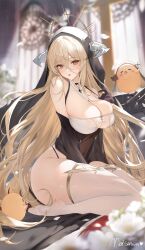 Rule 34 | 1girl, absurdres, azur lane, black gloves, blonde hair, blurry, blurry background, breasts, church, cleavage, cross, curvy, gloves, habit, hand up, highres, horns, implacable (azur lane), large breasts, light particles, long hair, manjuu (azur lane), meisansan, open mouth, red eyes, sitting, thick thighs, thighhighs, thighs, tongue, tongue out, very long hair, wariza, white thighhighs